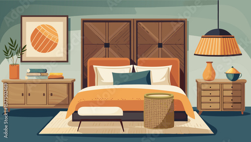Cozy modern bedroom interior with orange accents and wooden furniture