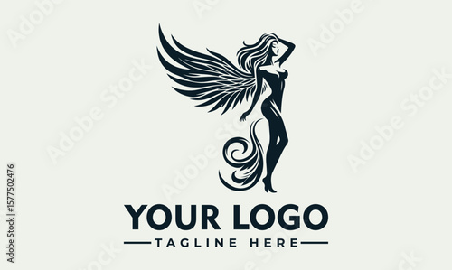 Elegant angel logo design, featuring a woman with wings and floral embellishments.