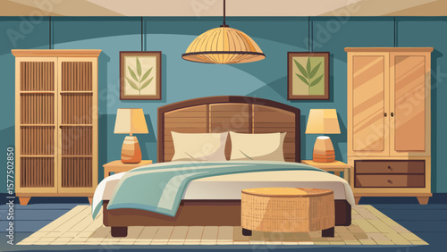 Cozy bedroom interior with wooden furniture and calming blue walls