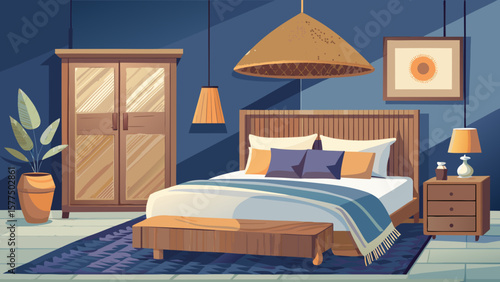 Cozy bedroom interior with wooden furniture and warm lighting on a blue wall