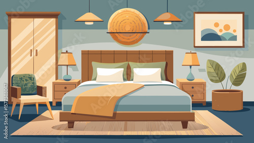 Cozy bedroom interior with a bed chair wardrobe and decorative elements