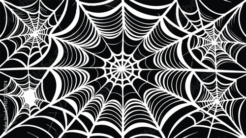 Three white spiderwebs with intricate patterns on a black background in a symmetrical arrangement