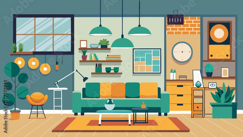 Cozy modern living room interior with sofa plants and stylish decor