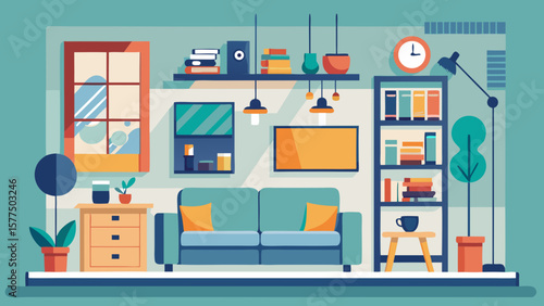 Cozy modern living room interior with sofa bookshelf and window