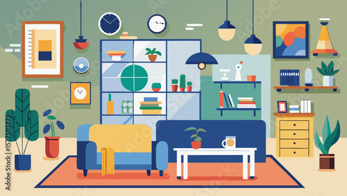 Cozy modern living room interior with blue sofa and yellow armchair