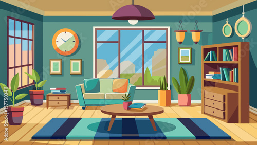 Cozy modern living room with large windows and indoor plants