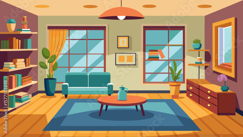 Cozy living room with bookshelves sofa coffee table and large windows