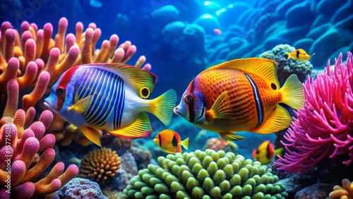 Vibrant Reef Inhabitants Two Striking Tropical Fish Gracefully Interacting Amidst a Lush Coral Garden