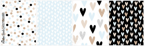 Childish Style Seamless Vector Patterns With Polka Dots And Hearts. White Tiny Hearts On A Pastel Blue Background. Dotted Pattern. Hand Drawn Irregular Hearts On White And Black.