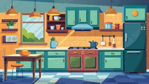 Cozy cartoon kitchen scene with green cabinets and a sunny window
