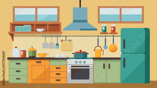 Colorful flat illustration of a modern kitchen interior with appliances and cookware