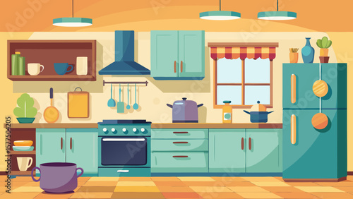 Cozy and colorful cartoon kitchen scene with appliances and cookware
