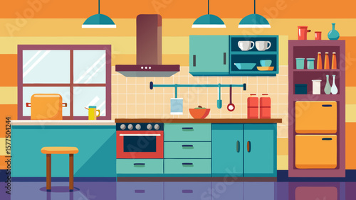 Modern flat design kitchen interior with colorful cabinets and appliances