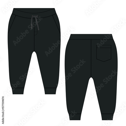 Fleece cotton jersey basic Sweat pant technical drawing fashion flat sketch black Color  template front and back views. Apparel jogger pants vector illustration mock up for kids and boys.
