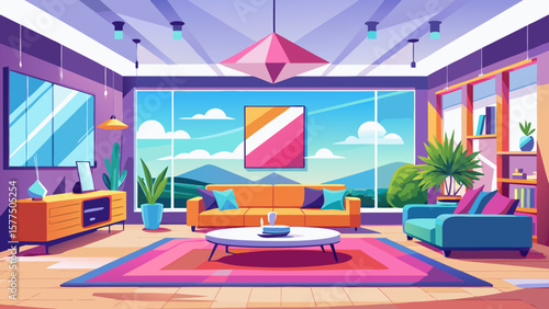 Modern living room with large window overlooking a scenic mountain landscape