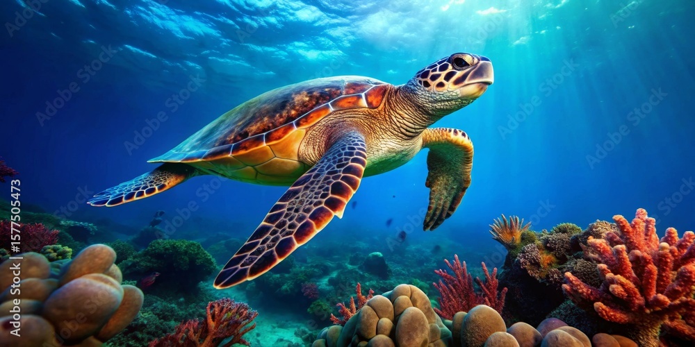 Fototapeta premium Majestic Sea Turtle Gracefully Navigating Vibrant Coral Reef Ecosystem