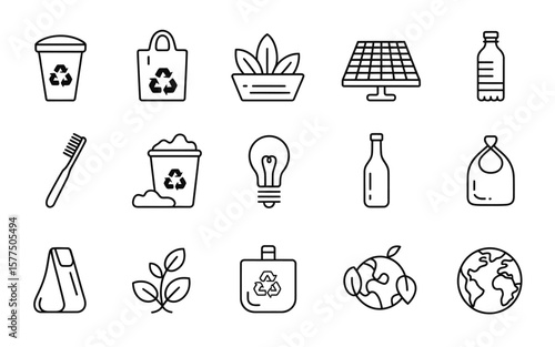 Sustainable Living Icons Eco-Friendly Line Art Graphics for Recycling, Renewable Energy, and Conservation