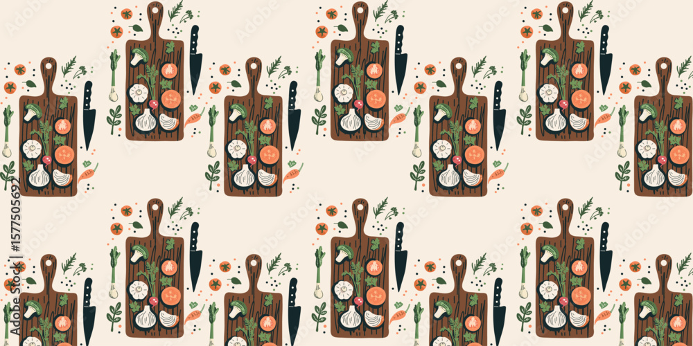 Obraz premium vector illustration seamless pattern with vegetables on wooden boards