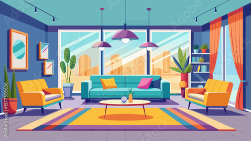 Modern living room with teal sofa orange armchairs and large windows overlooking city