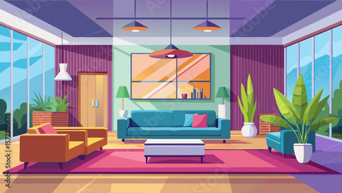 Modern living room with large windows comfortable seating and lush plants