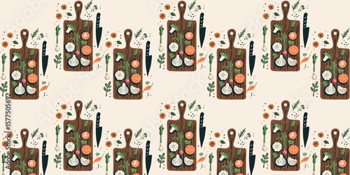 vector illustration seamless pattern with vegetables on wooden boards