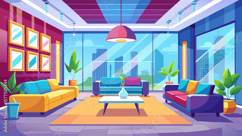 Modern living room with large windows overlooking a cityscape and colorful furniture