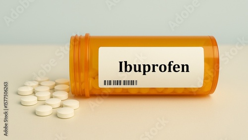 Fotografie Box of ibuprofen tablets placed on a table, over-the-counter anti-inflammatory pain relief medication in daily use