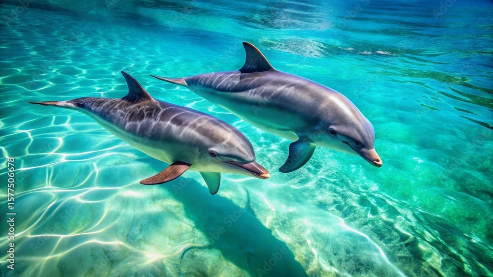 Obraz premium Oceanic Pair Two Dolphins Gracefully Swimming in Sunlit Shallow Water