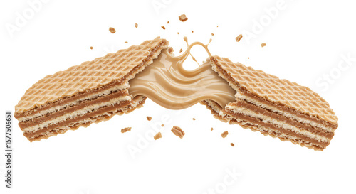 Delicious creamy caramel filling flows dynamically as a crispy wafer cookie breaks apart in a studio shot emphasizing texture and flavor.