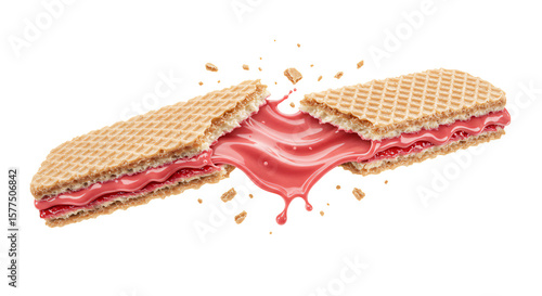 Crispy wafer cookie breaks apart revealing a luscious, stretching pink cream filling on a black background.