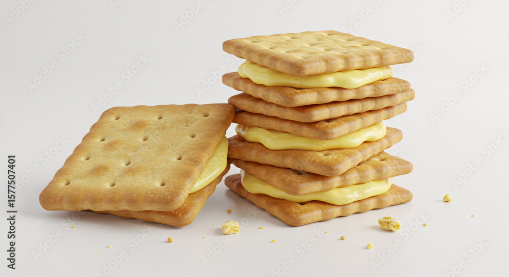 Delicious square biscuits filled with creamy yellow vanilla custard filling are stacked high on a white background. Delicious square biscuits filled with creamy yellow vanilla custard filling are stacked high on a white background.