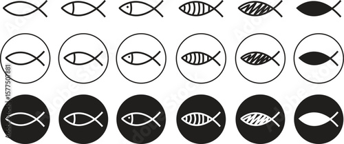 Christian fish vector icons set, ichthys, faith, and religious symbol collection, solid and outline graphic group, editable design elements for spirituality, church, and worship projects