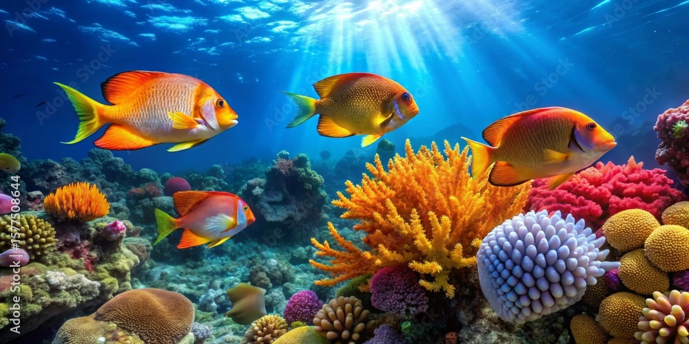 Fototapeta premium Vibrant Reef Scene Showcasing Diverse Marine Life and Colorful Coral Formations in a Sunlit Underwater Paradise