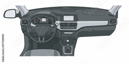 Modern Car Interior Vector with Dashboard and Steering Wheel