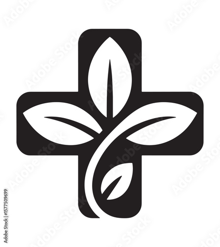 Black cross symbol with white leaves and stem for medical or health concepts