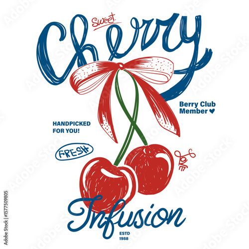 Hand made Cherry t shirt design. women girls tops for fruit print. girls shirt artwork. seasonal fruit design. hand drawn vector graphic. handwriting typography lettering add this art.