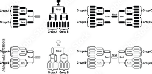 Gaming tournament bracket flat, line icon set. Soccer championship scheme vectors. Match schedule playoff tournament board chart for sport, competition, event planning visual. Sign for app, web design