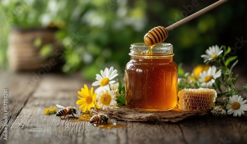 Honey jar with bees and dipper
