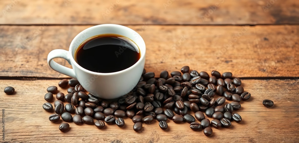 Dark roasted coffee beans scattered near a steaming americano in a white cup on rustic wood, still life, mug Dark roasted coffee beans scattered near a steaming americano in a white cup on rustic wood, still life, mug