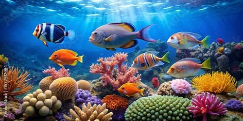 Vibrant Reef Scene Showcasing Colorful Fish and Diverse Coral Formations in a Sunlit Underwater Paradise