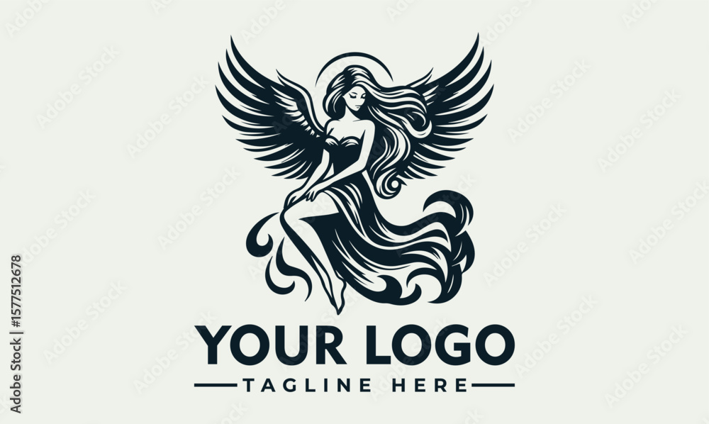 Obraz premium Graphic illustration of a winged woman with flowing hair and dress, a halo above her head.