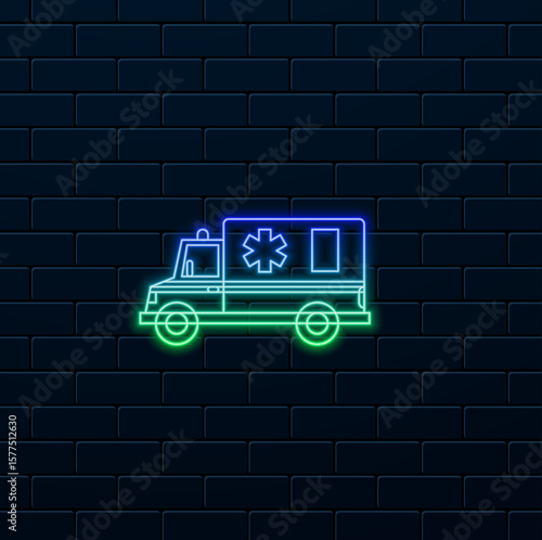 line icon of the ambulance rushing to the emergency situation. neon style.