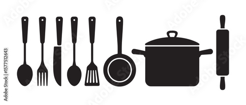 Collection of black silhouettes of kitchen utensils and cookware