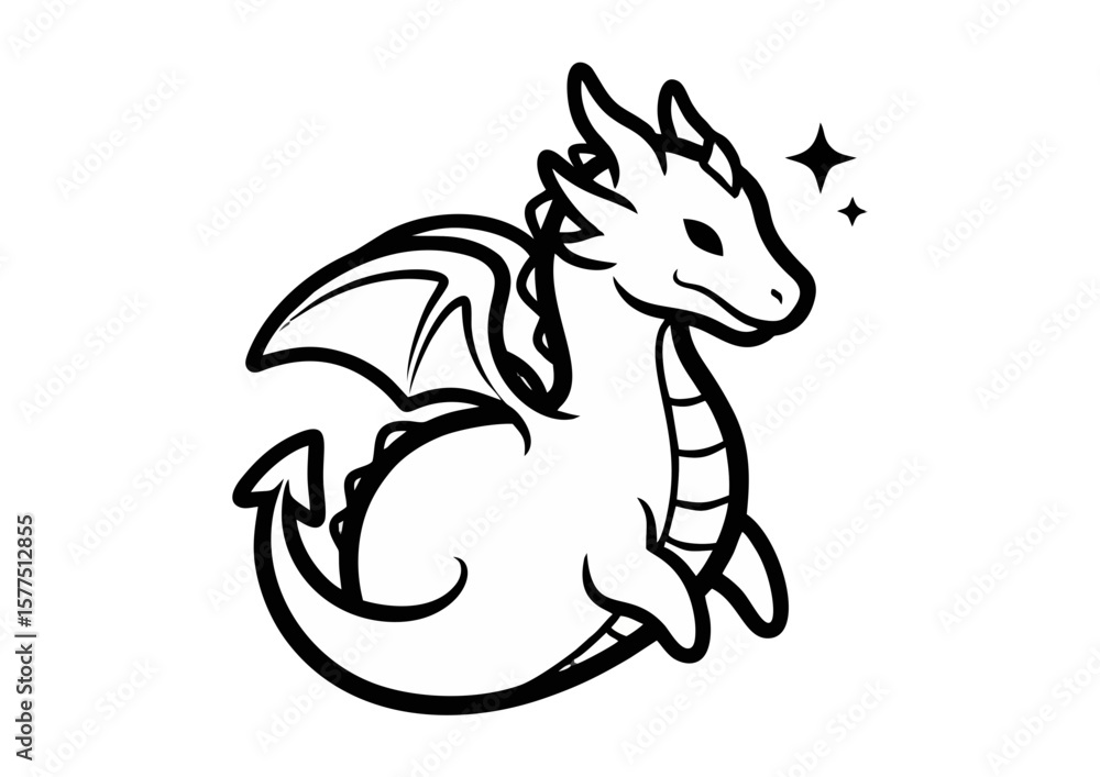 Fototapeta premium Adorable young dragon sitting with small wings and sparkle effect 