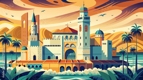 Casablanca, Morocco – The Hassan II Mosque gleams beside crashing Atlantic waves. Cream-colored buildings, mosaics, and palm-lined streets reflect the elegance of modern Morocco.