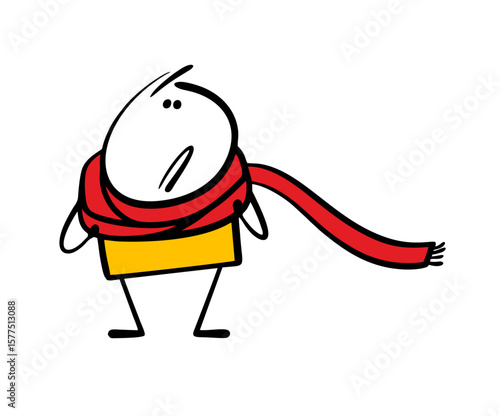 Sad man in warm winter clothes looks at his long red scarf. Vector illustration of autumn depression, Uncomfortable accessory around his neck. Funny stickman tied a warm thing.