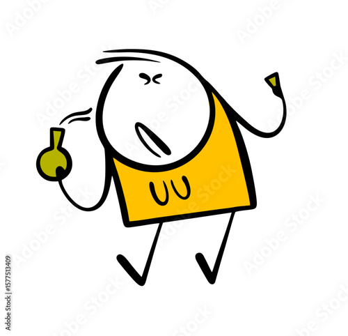 Disgruntled woman wrinkled her nose, closed her eyes from strong and unpleasant smell of perfume. Vector cartoon illustration   poor girl opened  bottle, holds glass stopper, suffers from  stench.