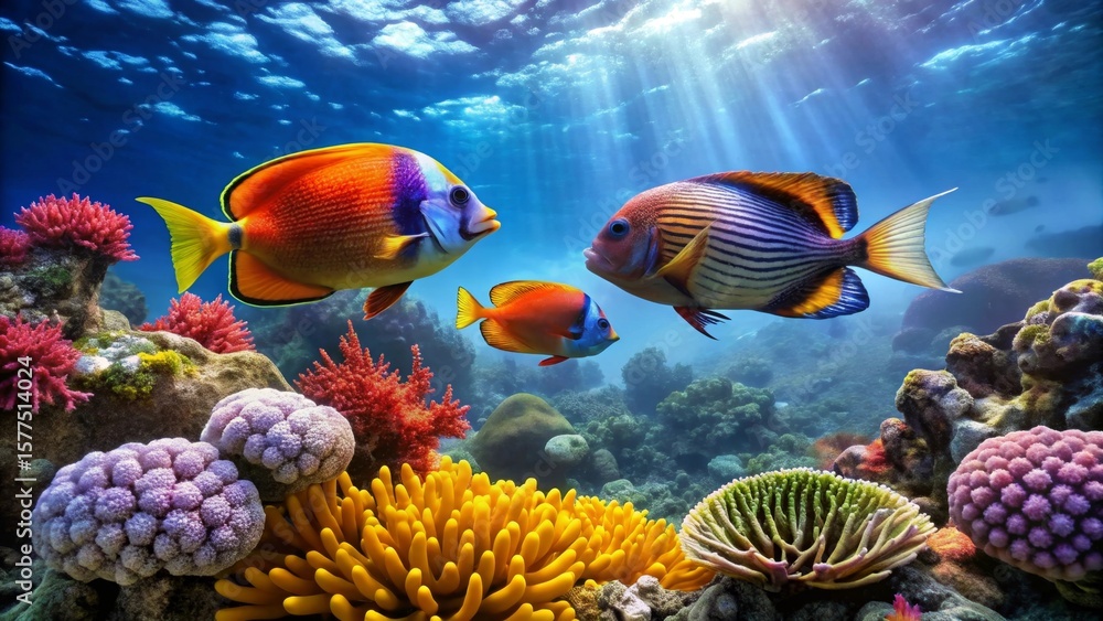 Fototapeta premium Vibrant Reef Scene Three Tropical Fish Gracefully Swim Amidst a Lush Coral Garden, Bathed in Sunlight