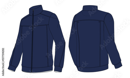 Long sleeve jacket with pocket and zipper technical fashion flat sketch vector illustration Navy color  template front and back views. Fleece jersey sweatshirt jacket for men's and boys.