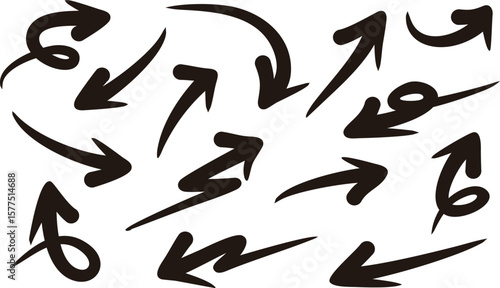 A collection of hand-drawn brush-style arrows in vector format. Perfect for presentations, creative layouts, posters, and user interfaces. Editable and scalable for any design need.
